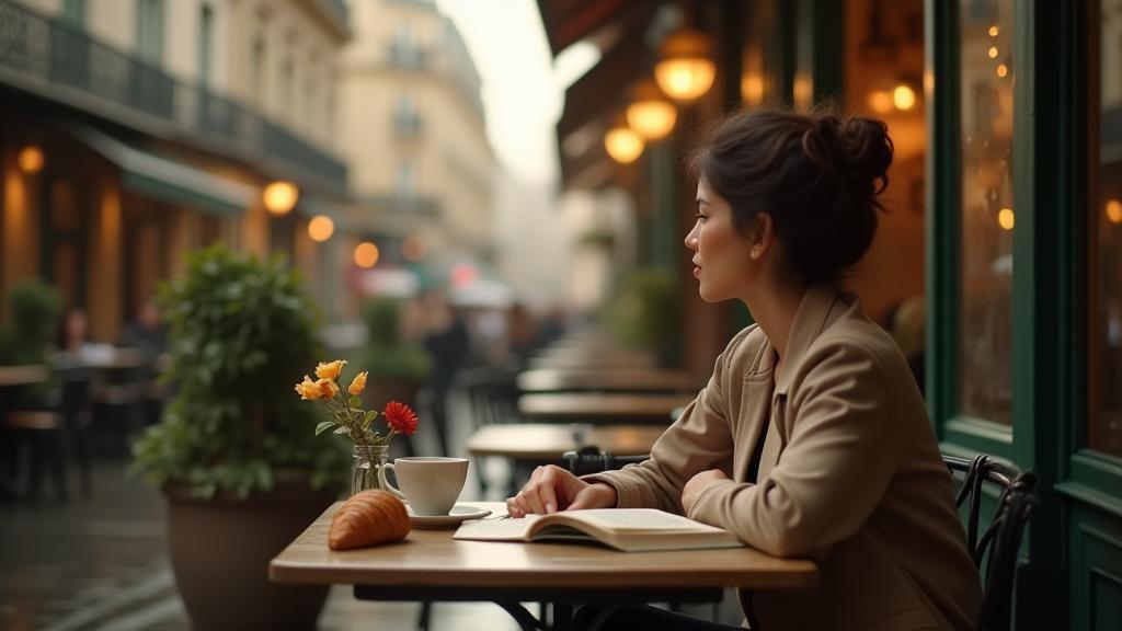 Elegant Parisian cafe scene with a person enjoying coffee and a book, evoking French culture.